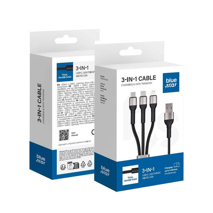 Kabel 3w1 USB A do Lightning / Micro USB / USB C Blue Star 2,4A z oplotem 1,2 m TFK-DC-010 czarny
