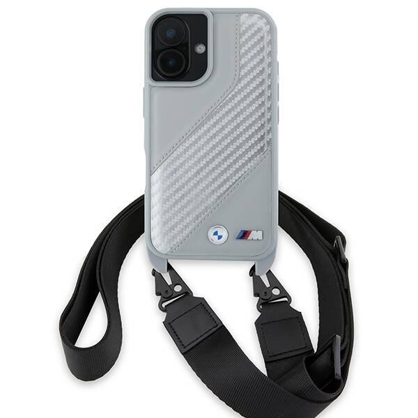 Etui BMW iPhone 16 szary/grey hardcase M Edition Carbon Stripe & Strap