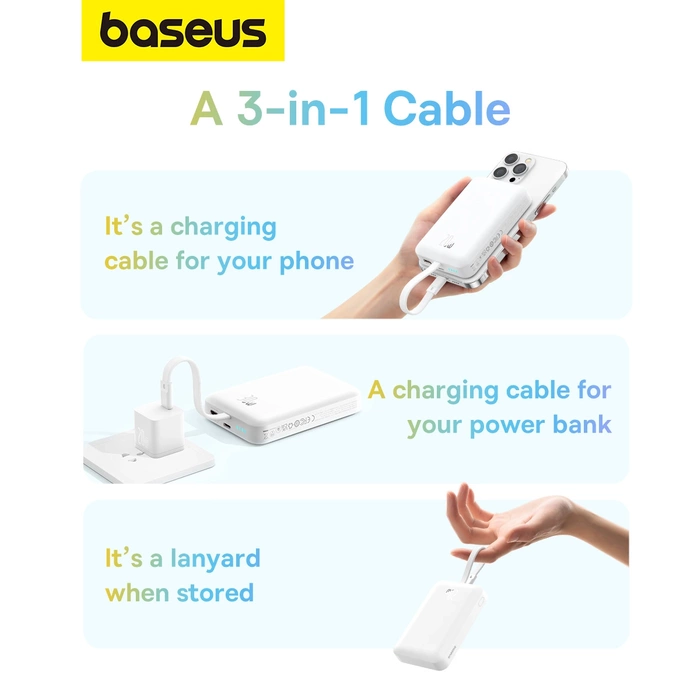 Powerbank Baseus Magnetic Mini MagSafe 10000mAh 20W z wbudowanym kablem Lightning 0.3m Biały