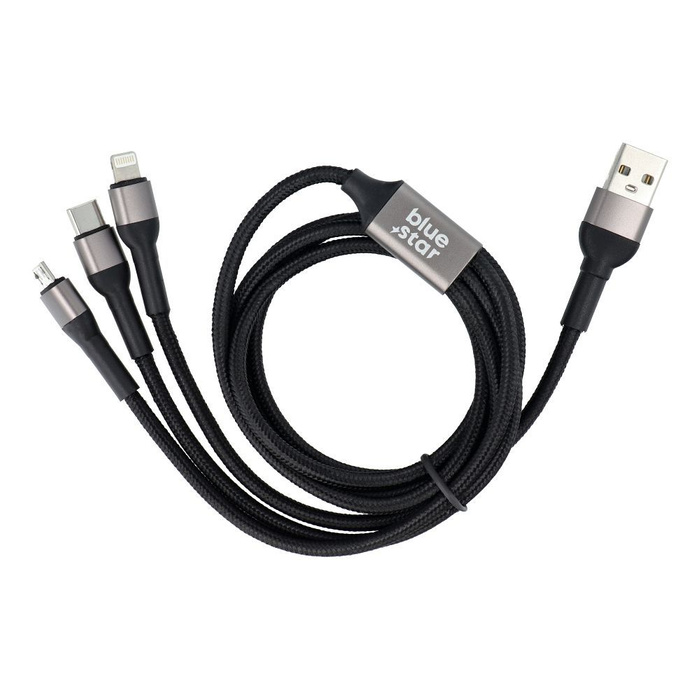 Kabel 3w1 USB A do Lightning / Micro USB / USB C Blue Star 2,4A z oplotem 1,2 m TFK-DC-010 czarny
