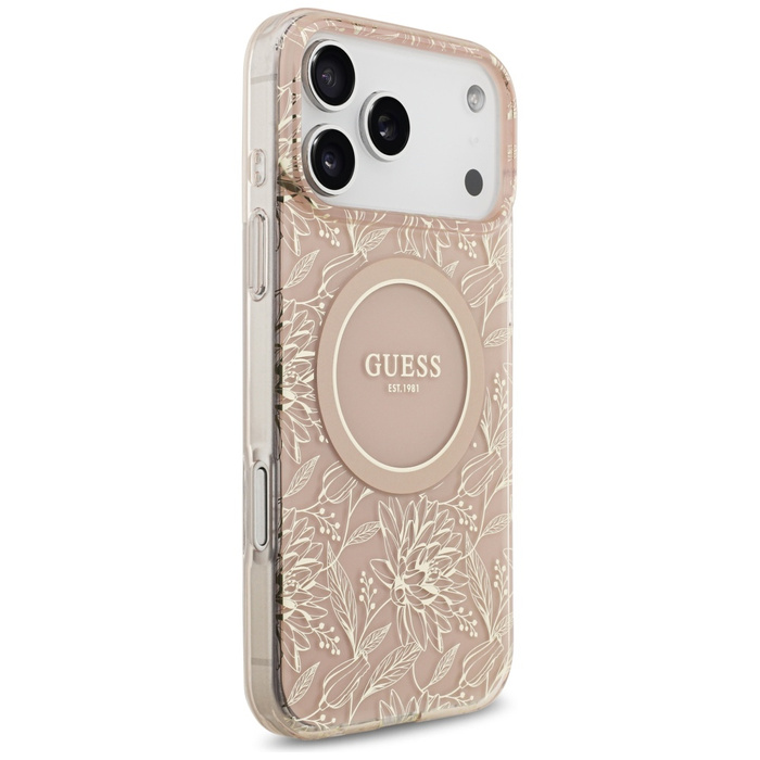 Etui Guess IML Flowers Electro Pearl     Strap MagSafe do iPhone 17 Pro Max różowy