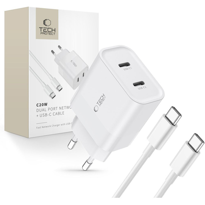 ŁADOWARKA TECH-PROTECT C20W 2-PORT NETWORK CHARGER PD20W + USB-C CABLE WHITE