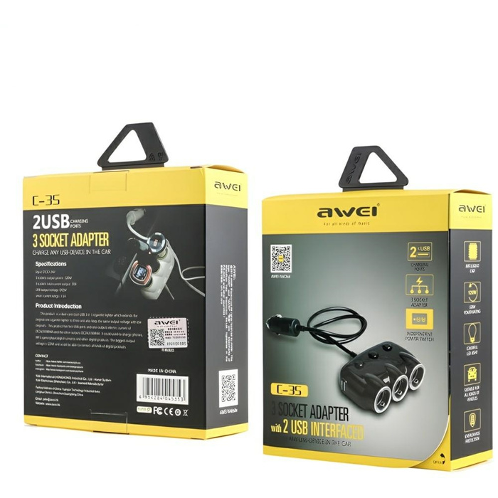 Ładowarka Samochodowa AWEI Rozgałęźnik Samochodowy 2 USB C-35 3 Gniazda Zapalniczki 12V Czarny