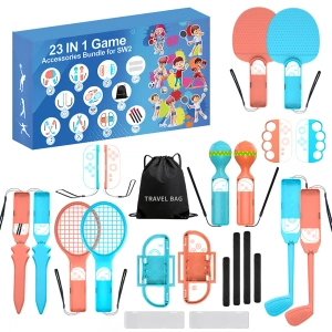 Pakiet akcesoriów rodzinnych 23 w 1 do konsoli Nintendo Switch 2 - zestaw pomarańczowy i niebieski