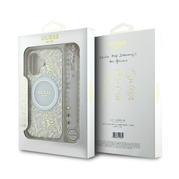 Etui Guess iPhone 16 Plus 6.7" biały/white hardcase IML Flowers Allover Electro With Pearl Strap MagSafe