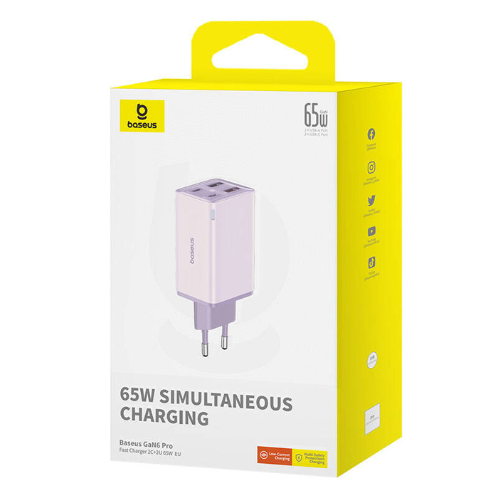 Ładowarka sieciowa Baseus GaN6 Pro, 2xUSB-C + 2xUSB, 65W (fioletowa)
