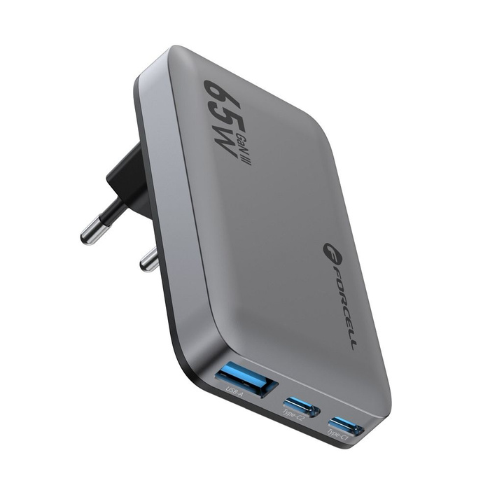 Ładowarka sieciowa do telefonu Forcell F-Energy Ultra Slim GaN III 2 x USB C + USB A QC4.0 PD 4A 65W VT-47 szara 0INT