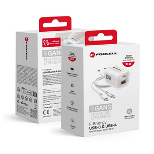 Ładowarka sieciowa do telefonu Forcell F-Energy GaN III Crystal Color USB C + USB A QC4.0 PD 33W + kabel USB C do USB C VT-41 biała 0INT