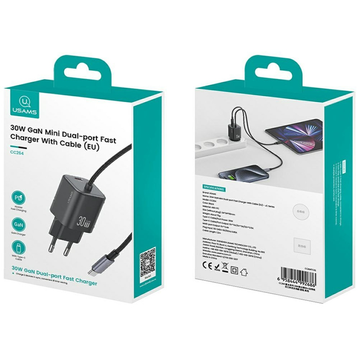 Ładowarka sieciowa USAMS JC Series CC264 30W GaN Mini Fast Charger 2xUSB-C czarny