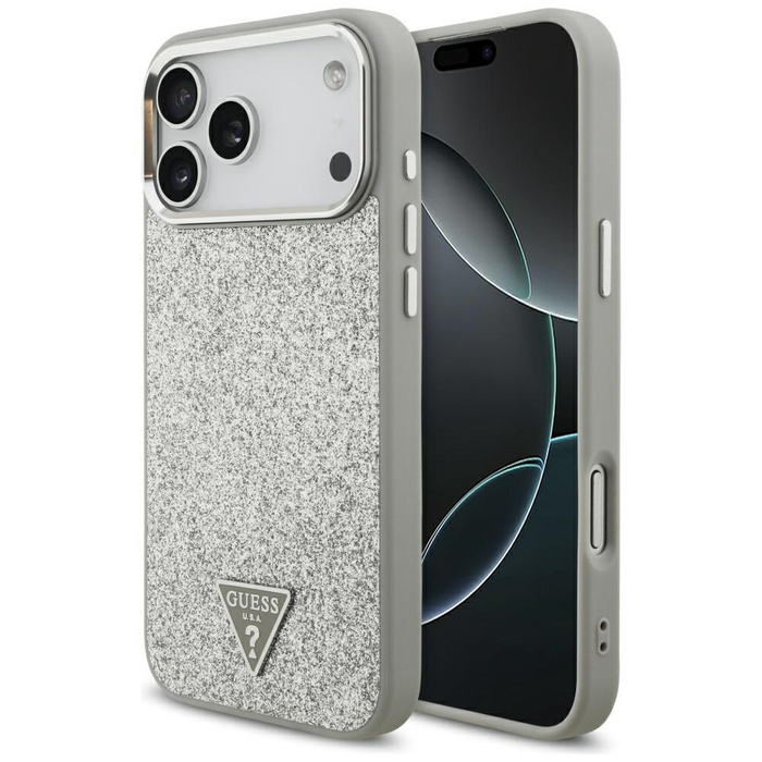 Etui Guess Glitter Triangle Logo MagSafe do iPhone 17 Pro Max srebrny