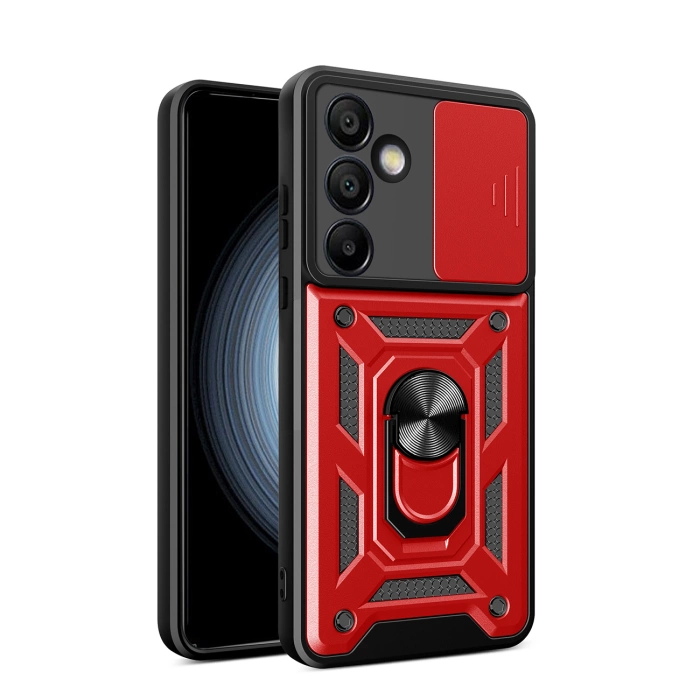 Etui Pancerne Hybrid Armor Camshield z podstawką i osłoną aparatu na Samsung Galaxy A36 - czerwone