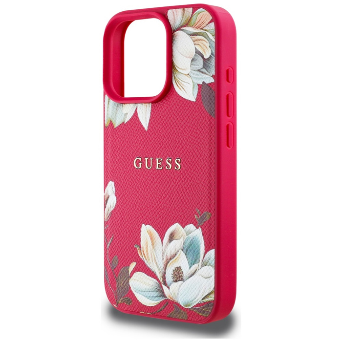 Etui Guess Grained Printed Flower         Pattern MagSafe do iPhone 16 Pro Max fuksja