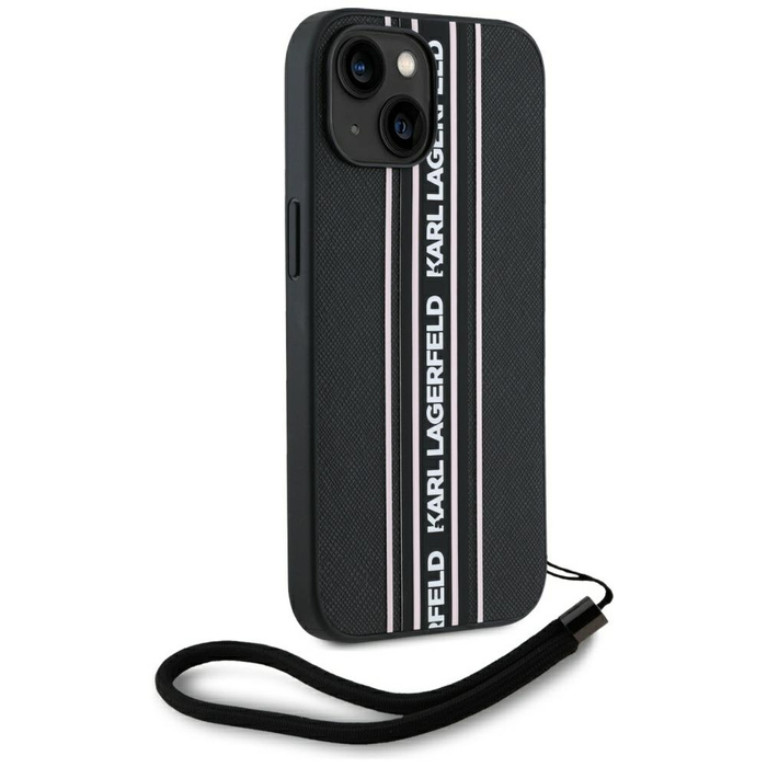 Etui Karl Lagerfeld Saffiano Athleisure  Stripes Cord do iPhone 15 czarno-różowy