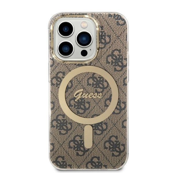 Zestaw Etui Guess Case+ Charger iPhone 14 Pro Max 6,7" brązowy/brown hard case 4G Print MagSafe