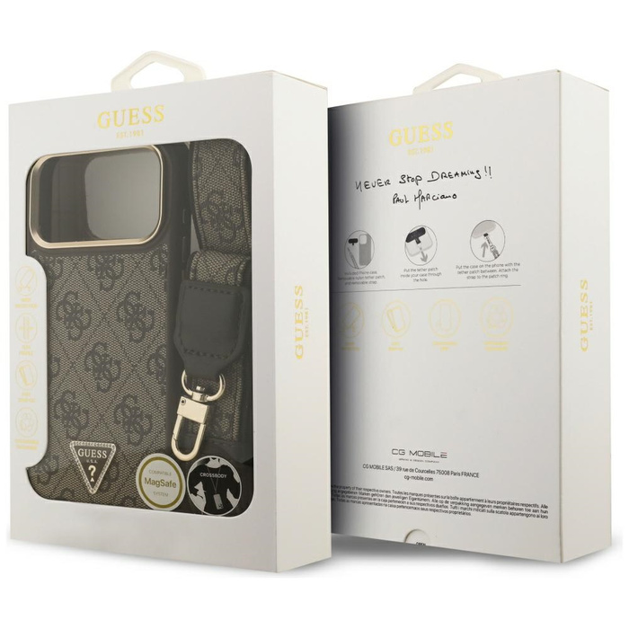 Etui Guess 4G Triangle Logo & Big Strap  Metal Buttons MagSafe do iPhone 17 Pro Max brązowy