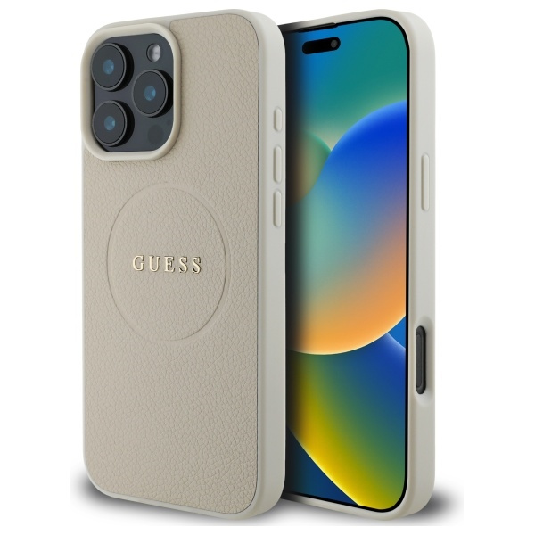 Etui Guess iPhone 16 Pro Max beżowy/bleige MagSafe PU Grained Gold Ring