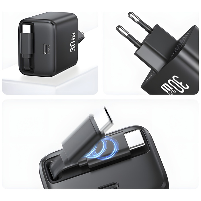USAMS Ład. siec. 1xUSB-C ze zwijanym kablem USB-C Retractable PD+QC 30W Gan Fast Charging czarny/black YC Series CC241TC01 (US-CC241)