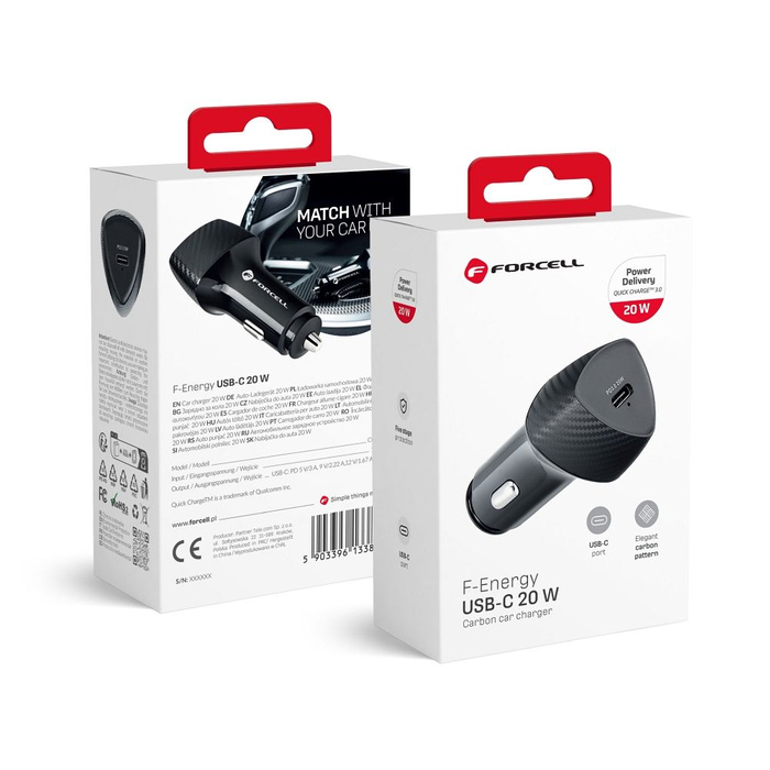 Ładowarka samochodowa Forcell F-Energy Carbon USB C QC3.0 PD 3A 20W CC50-1C czarna