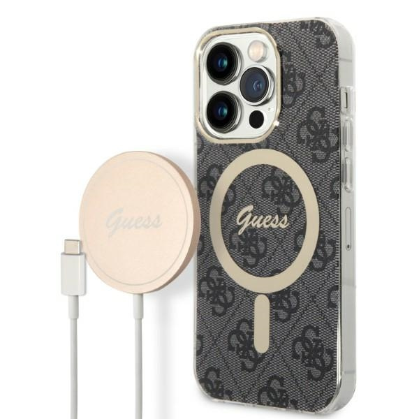 Zestaw Etui Guess Case+ Charger iPhone 14 Pro Max 6,7" czarny/black hard case 4G Print MagSafe