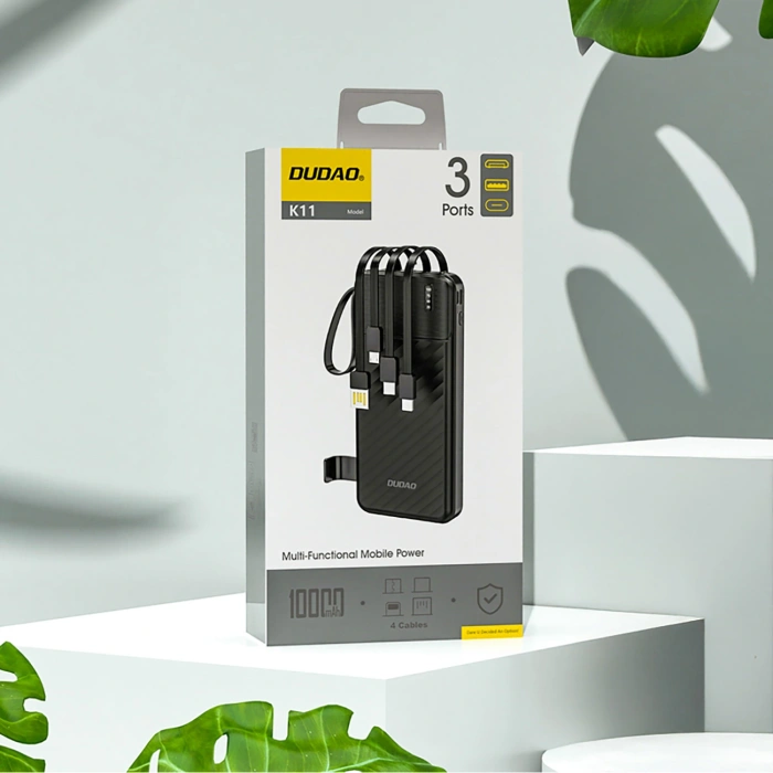 Powerbank Dudao K11 10000mAh z wbudowanymi kablami - czarny