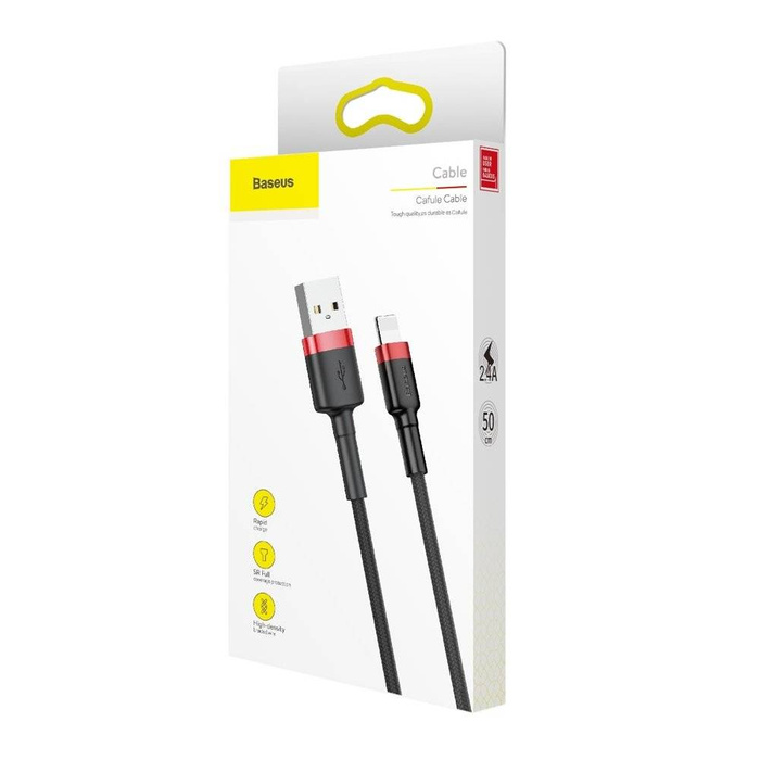 Baseus Cafule Cable wytrzymały nylonowy kabel przewód USB / Lightning QC3.0 2.4A 0,5M czarno-czerwony (CALKLF-A19)