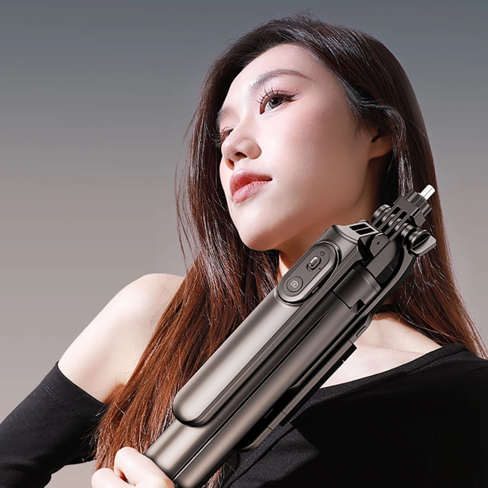 Selfie stick teleskopowy statyw Wozinsky 1.75m Stop aluminium z podwójną lampą i uchwytem na telefon Czarny