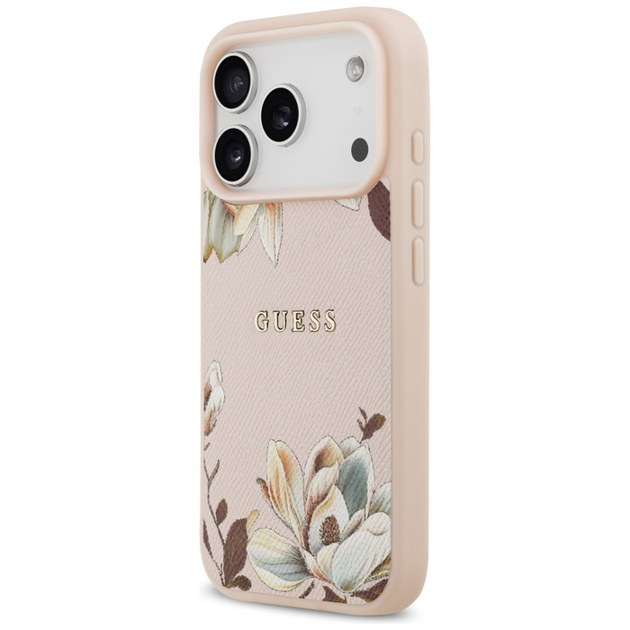 Etui Guess Grained Flowers Classic Logo  MagSafe do iPhone 17 Pro Max różowy