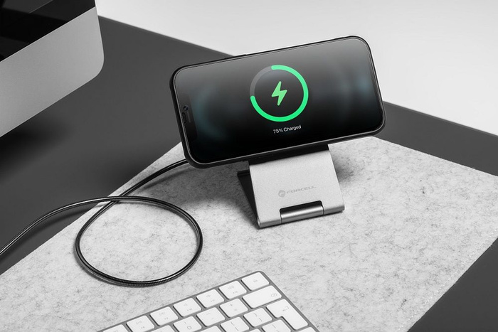 Ładowarka indukcyjna Forcell F-Energy Flip Charge USB C Qi2 15W zgodna z MagSafe srebrna 0INT