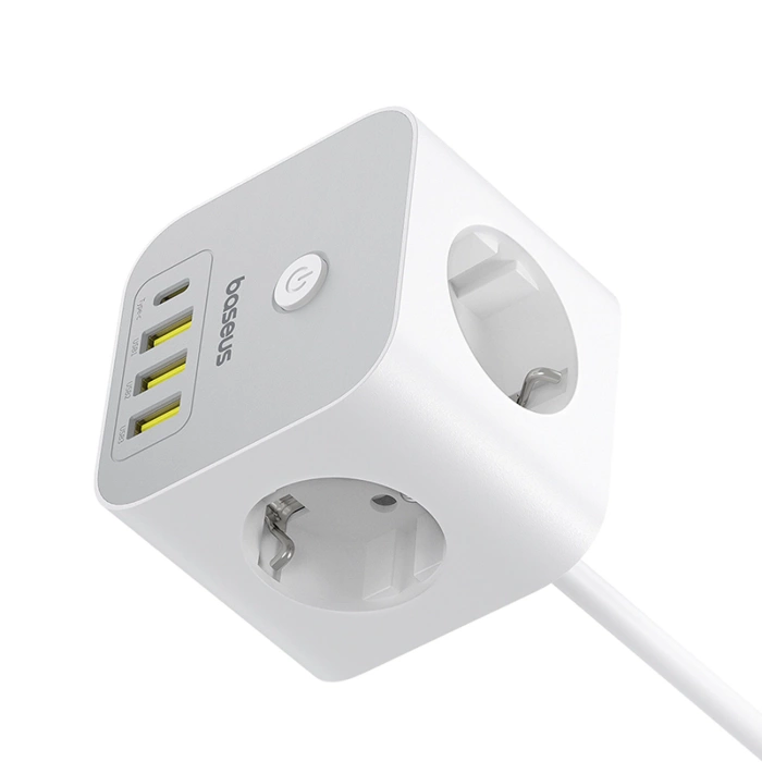 Kostka listwa zasilająca Baseus PowerCombo 7 w 1, 3 AC + 3 x USB-A + 1 x USB-C 20W 1,5 m - biała