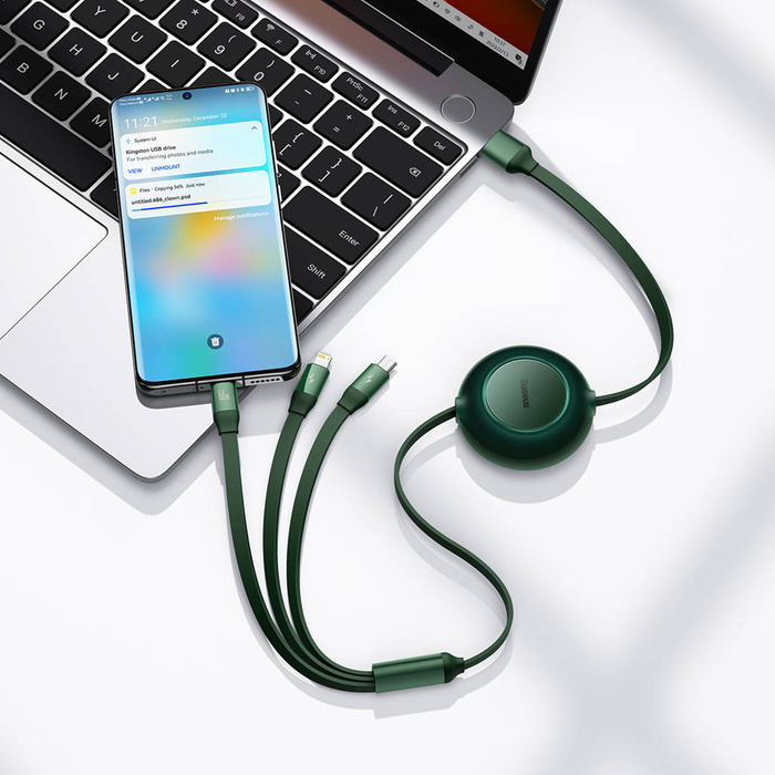 Baseus Bright Mirror 2 zwijany kabel przewód 3w1 USB Typ A - micro USB + Lightning + USB Typ C 66W 1.1m zielony (CAMJ010106)