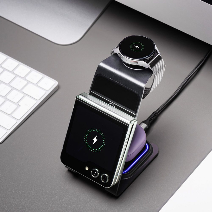 Ładowarka indukcyjna Forcell F-Energy 3w1 Simply Charge aluminiowa kompatybilna z Apple Watch i Samsung Watch szara