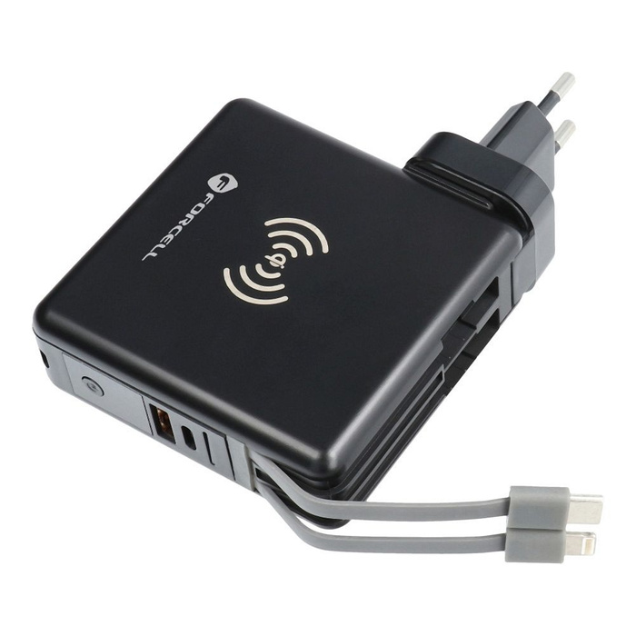 Wielofunkcyjna ładowarka Forcell F-Energy 5w1 USB A + USB C PD 20W + kabel USB C / Lightning + power bank 10000 mAh + ładowanie bezprzewodowe 15W czarna