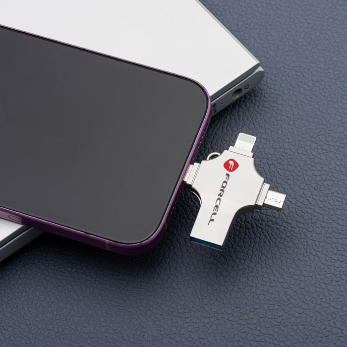 Pendrive 128GB USB 3.2 Gen 1 (USB A / USB C / Lightning / Micro USB) Forcell F-Data Metal Quad srebrny