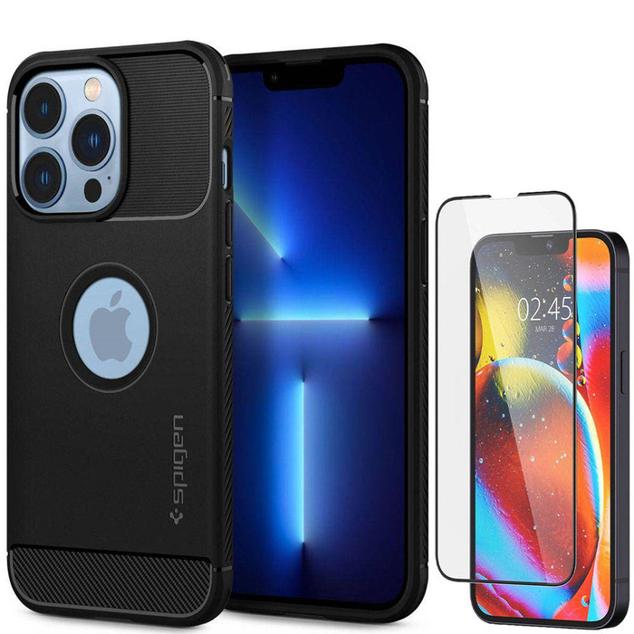 Etui Spigen iPhone 13 Pro Max Rugged Armor Matte Black Case + Szkło Hartowane Spigen Full Cover