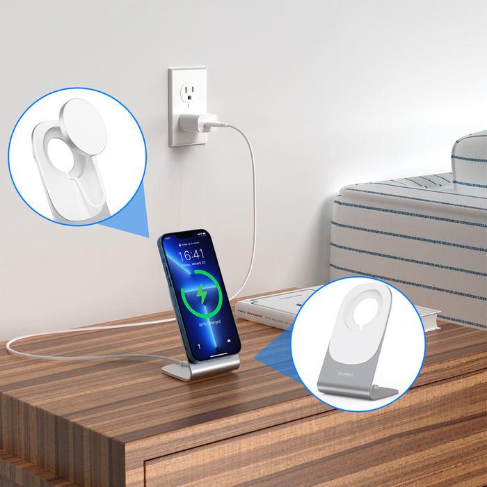 Choetech T518-F+H046-V2 magnetyczna ładowarka bezprzewodowa Qi 15W (kompatybilna z MagSafe) biały (T517-F) + stojak uchwyt srebrny