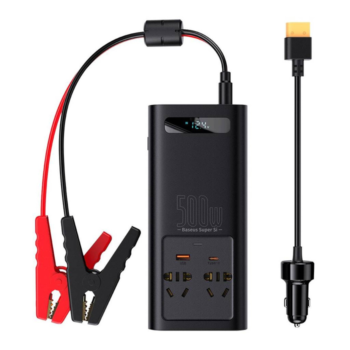 Baseus samochodowa przetwornica inwerter prądu 150W 12V / 500W  220V (wtyczka EU i CN) czarny (CGNB000101)