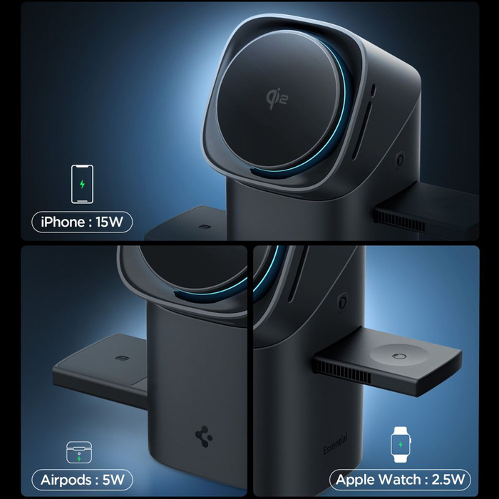 ŁADOWARKA INDUKCYJNA SPIGEN ESSENTIAL EF223MS 3IN1 QI2 ROTARY MAGSAFE WIRELESS CHARGER CZARNA