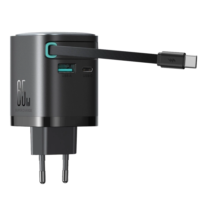 Ładowarka GaN Joyroom JR-TCL02 65W USB-A USB-C z wbudowanym kablem USB-C Czarna