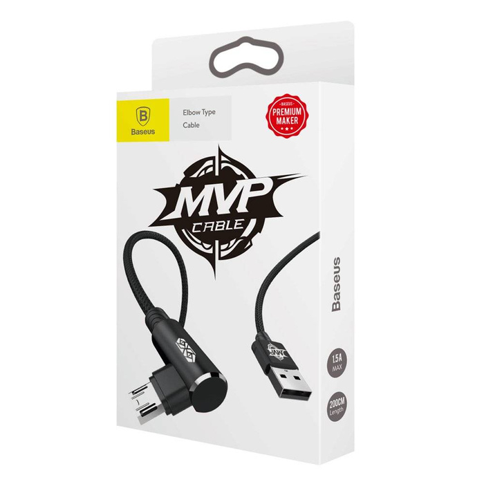 Baseus MVP Elbow Type dwustronny kątowy kabel przewód z bocznym wtykiem micro USB 2m 1.5A czarny (CAMMVP-B01)
