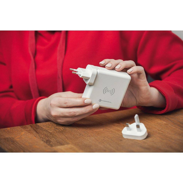 Wielofunkcyjna ładowarka Forcell F-Energy 4w1 2 x USB A + USB C 15W + power bank 8000mAh + ładowanie bezprzewodowe biała
