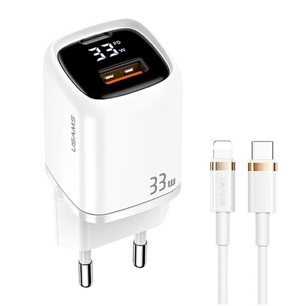 USAMS Ład. siec. 1xUSB-C+1xUSB T46 33W PD3.0 +QC3.0 Fast Charging +kabel U63 USB-C/Lightning biały/white