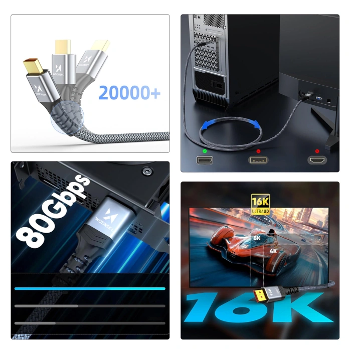 Kabel Wozinsky WPS-16AYL1S DisplayPort 2.1 Certyfikowany VESA 80 Gb/s 16K@60Hz 8K@120Hz 4K@240Hz HDR HDCP DSC 1m - czarny