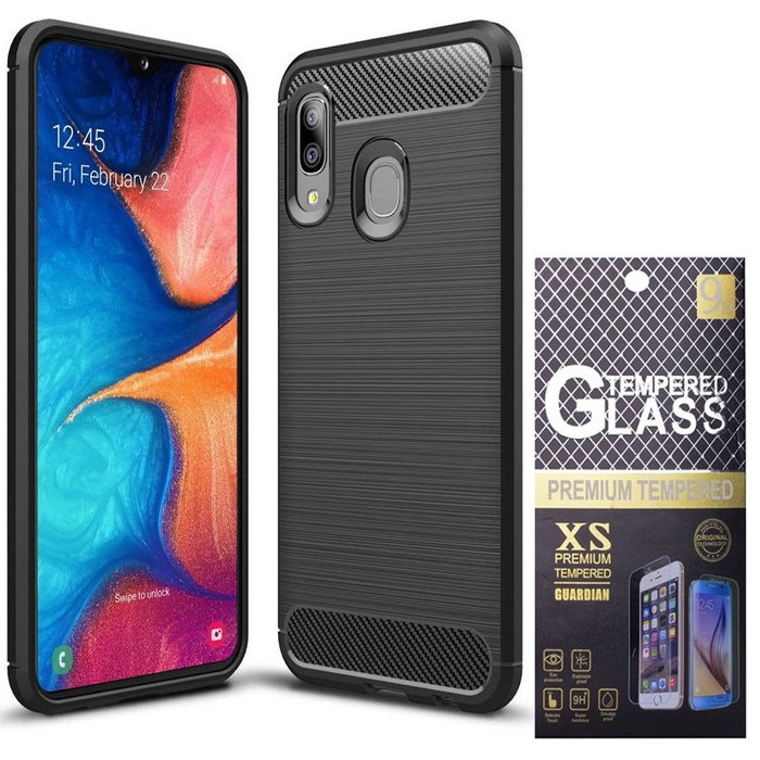 Etui Samsung Galaxy A20 Carbon Silikon Pokrowiec + Szkło