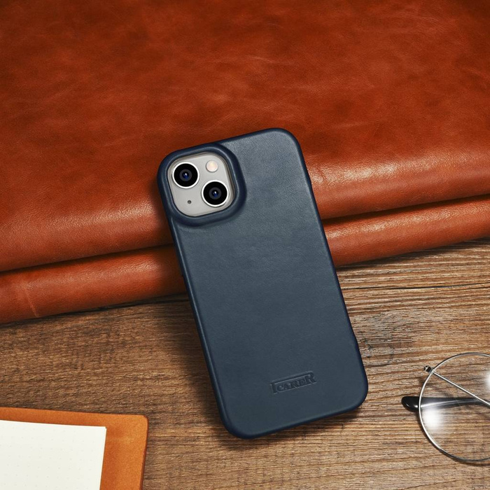 iCarer CE Oil Wax Premium Leather Folio Case skórzane etui iPhone 14 z klapką magnetyczne MagSafe niebieski (AKI14220705-BU)