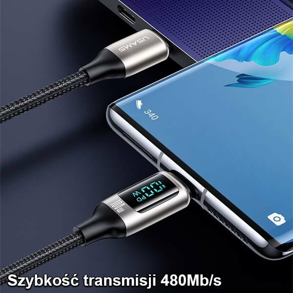 USAMS Kabel pleciony U78 USB-C na USB-C LED 1.2m 100W Fast Charging czarny/black SJ546USB01 (US-SJ546 )