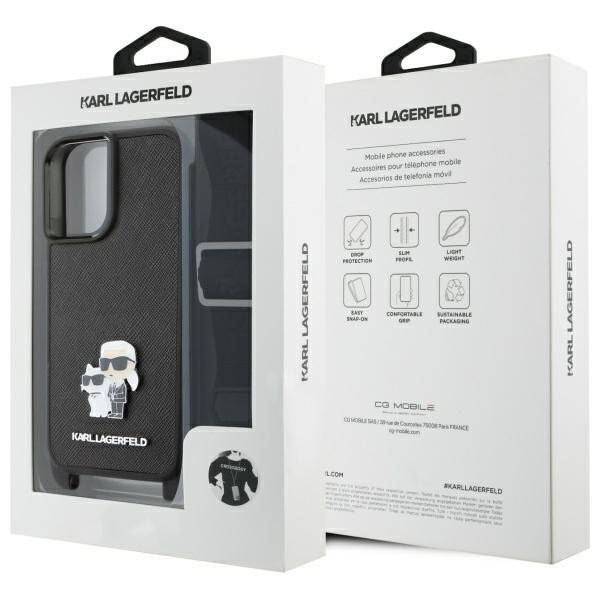 Etui Karl Lagerfeld iPhone 16 czarny/black hardcase Saffiano Karl&Choupette Metal Pin CBDY Strap