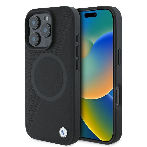 Etui BMW iPhone 16 Pro 6.3" czarny/black hardcase Sign Leather Half Textured And Circle MagSafe