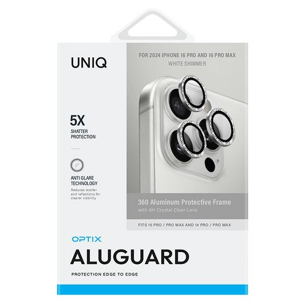 UNIQ Optix Aluminium Camera Lens Protector iPhone 16 Pro 6.3" / 16 Pro Max 6.9" white shimmer szkło na obiektyw aparatu z aplikatorem