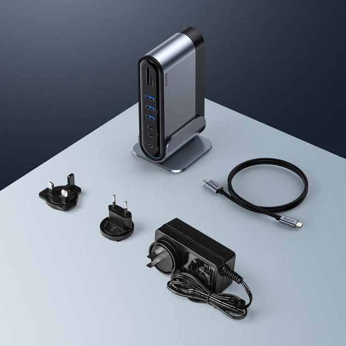 Baseus wielofunkcyjny HUB 3x USB 3.2 Gen 1 / 2x USB 2.0 / 2x USB Typ C / czytnik kart SD i micro SD / AUX / 3x HDMI / RJ45 1Gbps Power Delivery 100W (wtyczki EU / CN / UK) szary (CAHUB-DG0G)