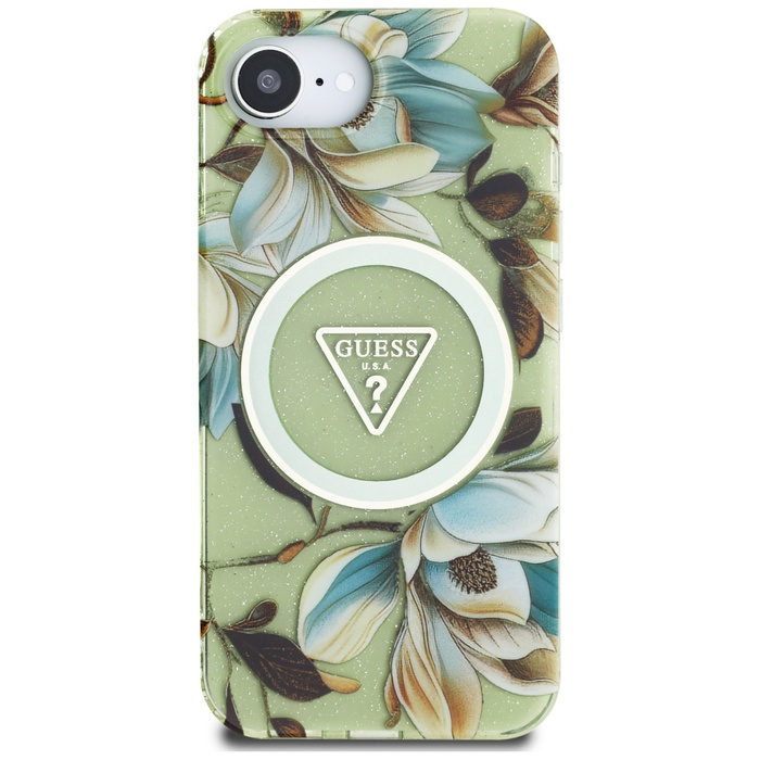 Etui Guess IML Metal Glitter Flowers     Triangle MagSafe do iPhone 16e zielony